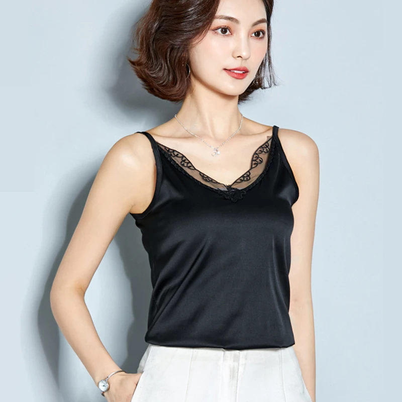 Корейский модный Шелковый кружевной женский топ уличная одежда атласная Черная