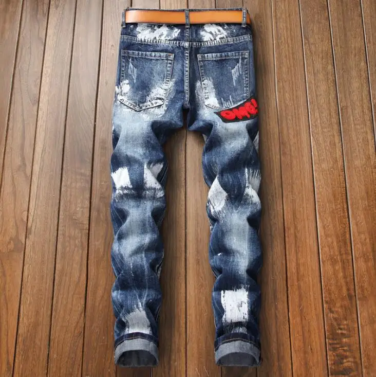 Autumn Winter new Straight jeans Men's pants embroidery National flag badge paint self-cultivation No bombs slim trousers blue | Мужская