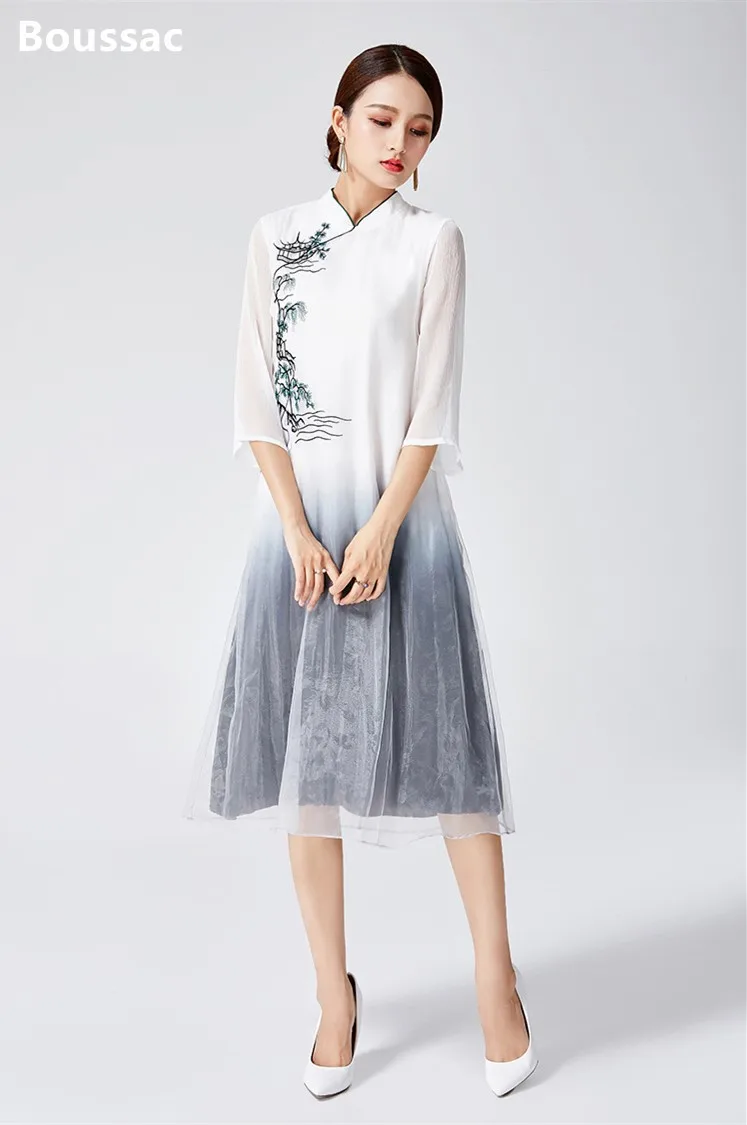

Бесплатная доставка, летнее платье Чонсам оригинального дизайна в китайском стиле с цветочной вышивкой из шелковистой органзы градиентног...
