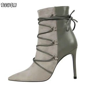 Женские флоковые ботинки до щиколотки UMMEWALO, модная обувь с острым носком на высоком каблуке, Зимние ботильоны, женская обувь 126-2