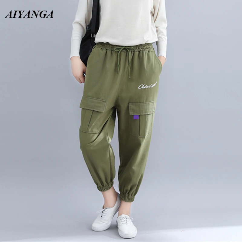 

2018 Loose Cargo Pants Women Autumn Harem Pants Female Elastic Waist Casual Trousers For Women Fashion Pockets Pants Plus Size