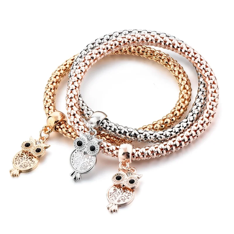 

LongWay Owl Tree Of Life Charm Bracelets & Bangles For Women Keep Color Gold & Rose Gold & Silver 3pcs Lots Bracelet SBR180090