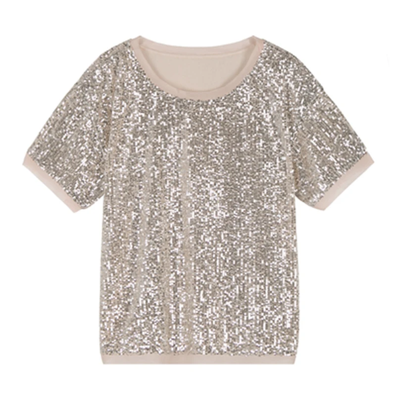 

Бежевая женская футболка PERHAPS U с блестками, коротким рукавом, круглым вырезом и разрезом сзади, повседневная женская летняя новая модель B0477