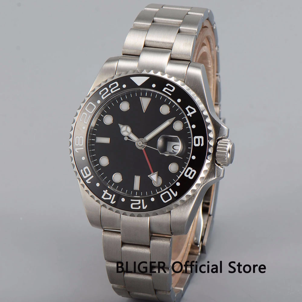 Мужские часы BLIGER GMT черный циферблат светящийся сапфировое стекло