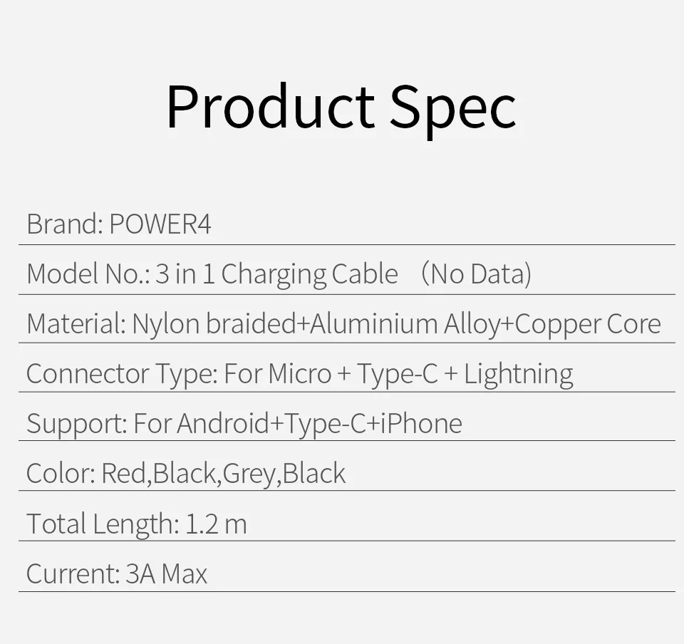Power4 мобильный телефон 3 в 1 USB кабель с Micro USB/type C зарядный разъем для Lightning iOS Android телефон зарядное устройство