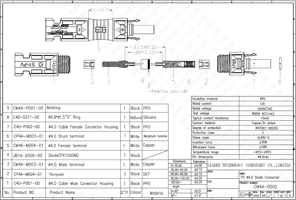 IP68 с сертификатом TUV 1000V DC/UL 600V DC MC4 диодный разъем для солнечной системы