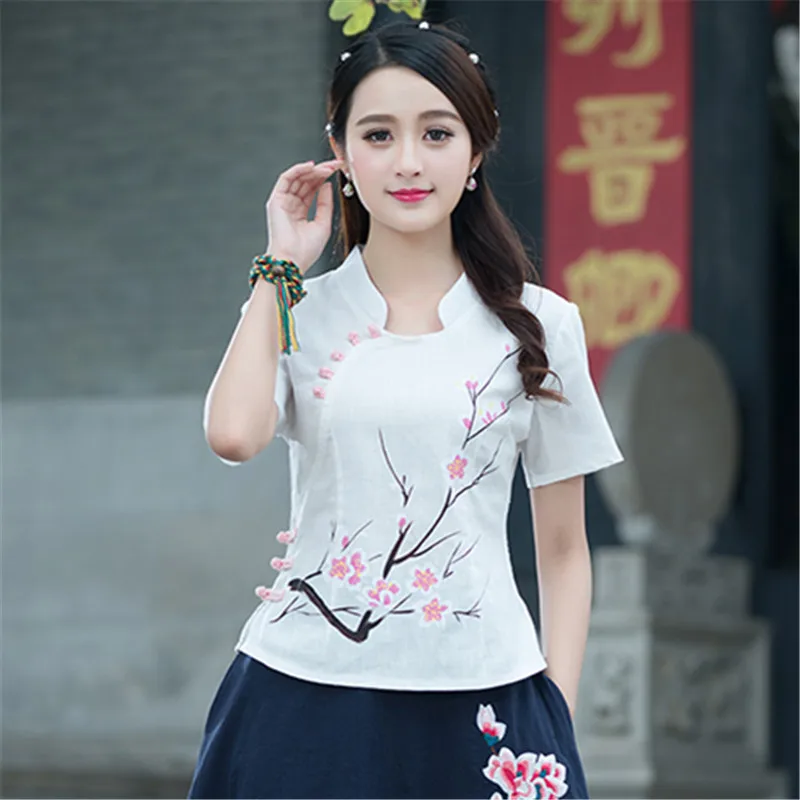 Летний народный стиль китайский Cheongsam хлопковый льняной костюм Тан Топы ручная роспись печать короткий рукав традиционная блуза