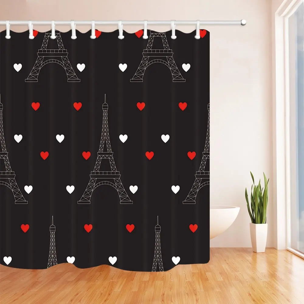 Романтический Валентина Душ шторы в ванную комнату башня и сердца черный