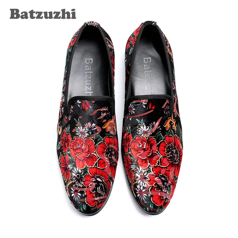 Batzuzhi Handmade Men Shoes Fashion Genuine Leather Loafers Print Flowers chaussure homme Party Casual Leather Shoes Men, Big 46