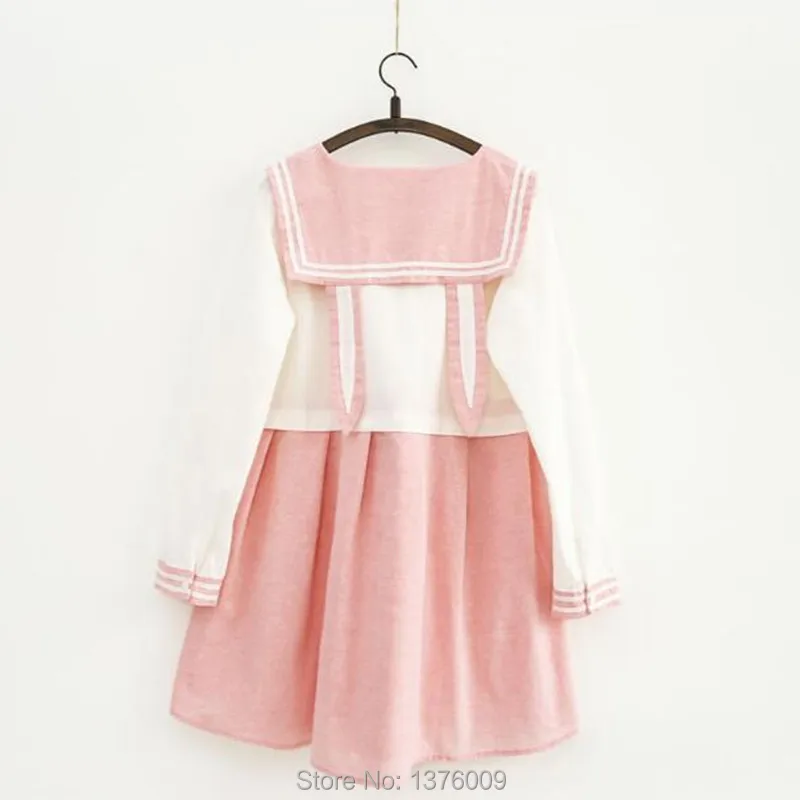 

Lolita Dress Sweet Girls Harajuku Cute Cat Ear Pink Dress Sailor Collar Navy Style Long Sleeve Dress Mori Girls