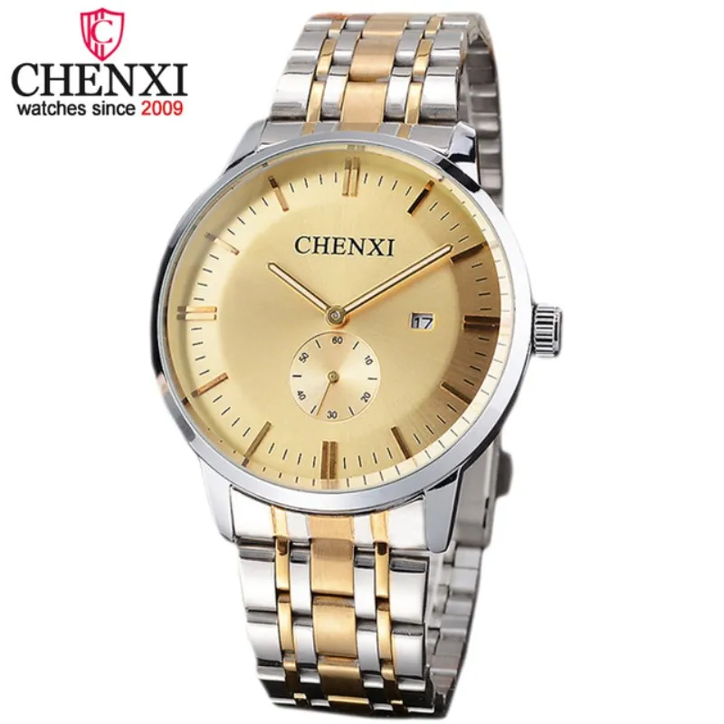 Роскошные мужские часы бренда CHENXI со стальным браслетом золотые деловые с