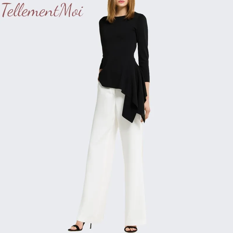 Two Piece Suit 2019 Women OL Long Sleeve O Neck Tops & Wide Legs Pants Outfits Office Lady Simple Elegant 2 Sets | Женская одежда