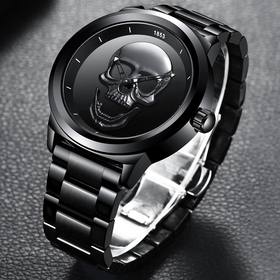 Cool Punk 3D Skull Men Watch Brand LIGE Luxury Steel Gold Black Vintage Quartz Male Watches sport clock Relogio Masculino