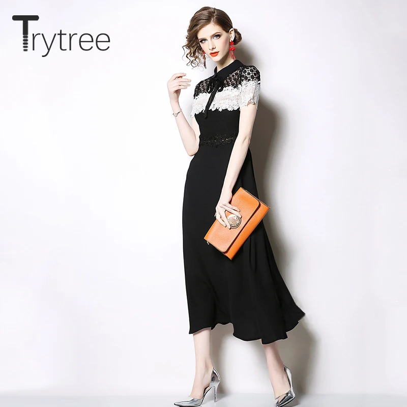 Trytree летнее платье для женщин с бантом и отложным воротником жаккардовое полым