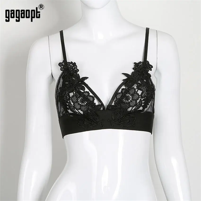 Gagaopt 5 цветов Цветочные Майки Женские Модные Цветочные Вышивка Дамы Cami кружевные топы сексуальный Бралетт короткий Топ Blusas - Цвет: Черный