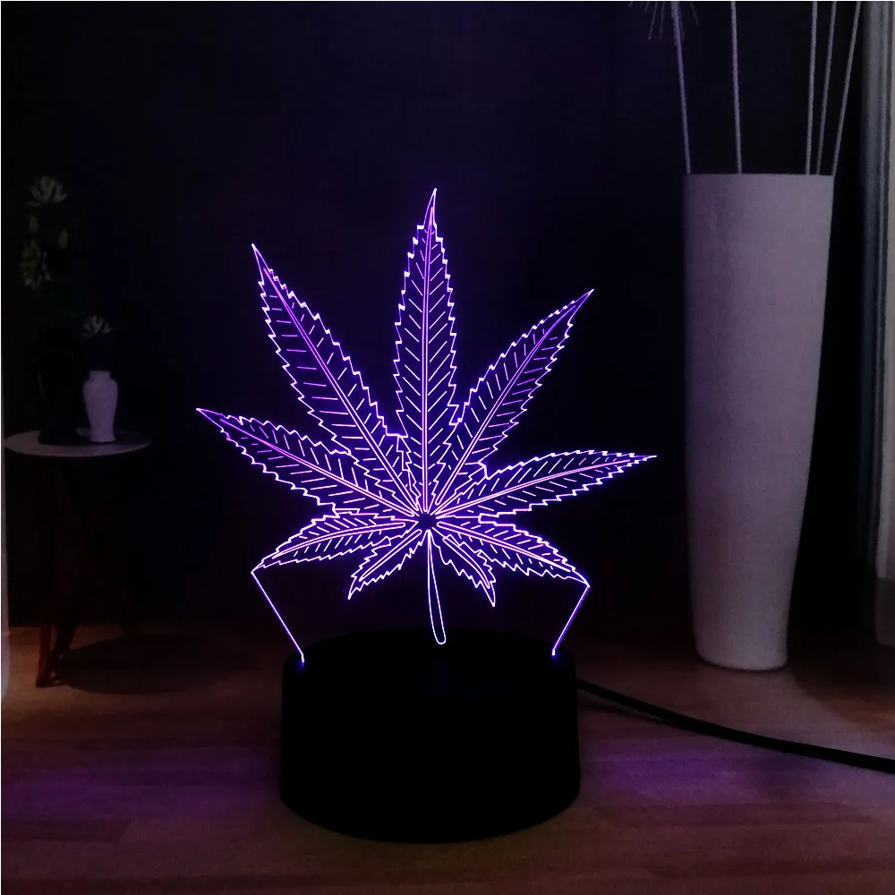 Новинка, акриловое растение, травка, лист конопли, 3D иллюзия, светодиодный Декор, для спальни, RGB, USB, база, Настольный светильник, ночник, милое настроение, подарок на праздник, для друзей