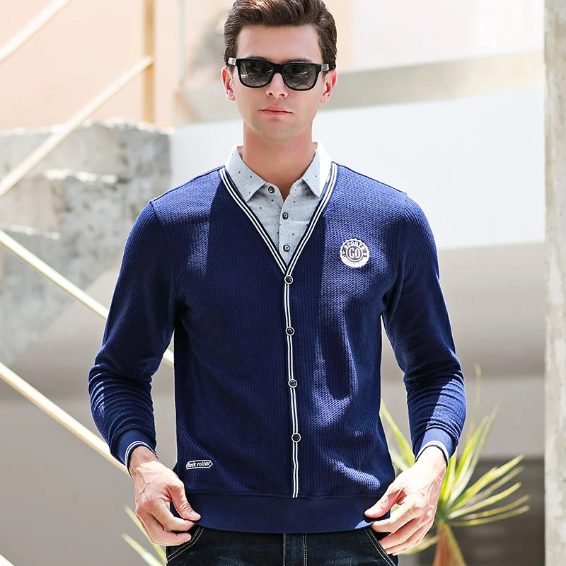 MACROSE Хлопок Весна Осень поддельные две штуки мужские с отложным воротником Slim Fit