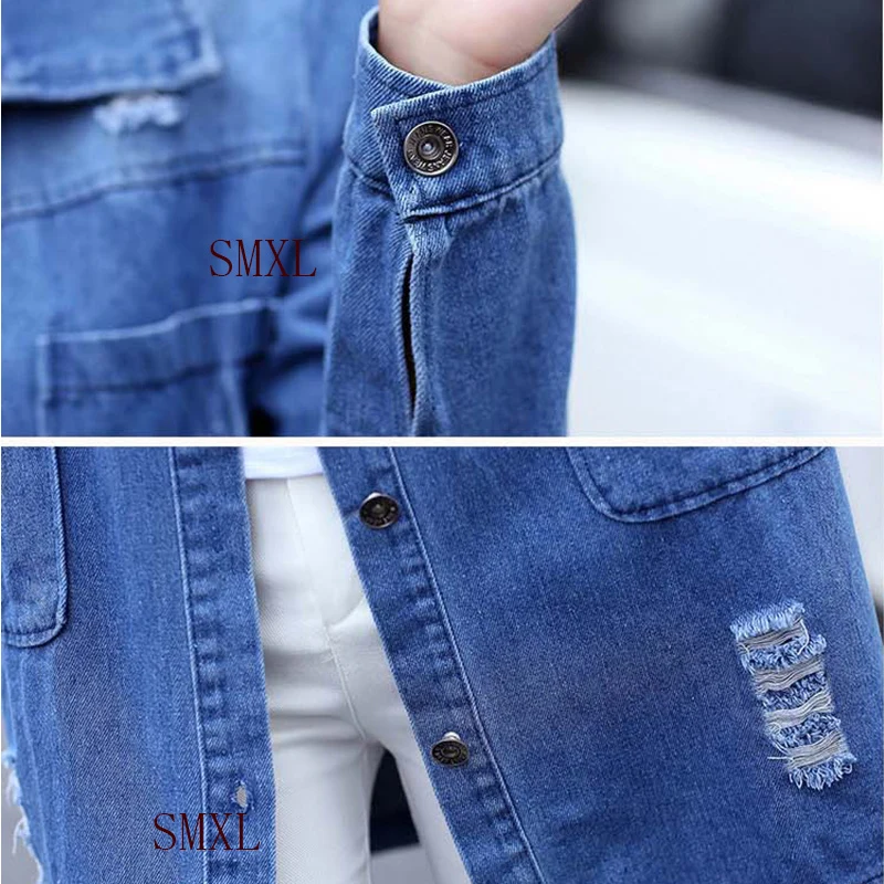 

plus size s-5XL cotton blue new Women hole Coats Autumn Denim Jackets Vintage Long Sleeve Loose Female Jeans Coat Casual Outwear