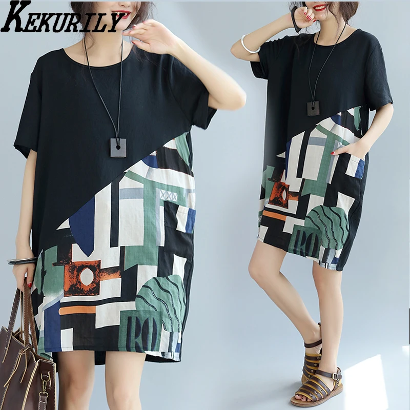 Для женщин большие размеры платье плюс размер платья из хлопка и льна Лето