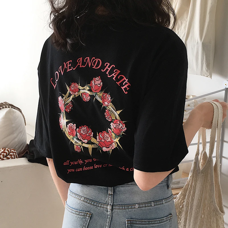 2021 Halajuku Summer New Rose Letter Printed Fashion Loose Casual Short Sleeve Female T-shirts