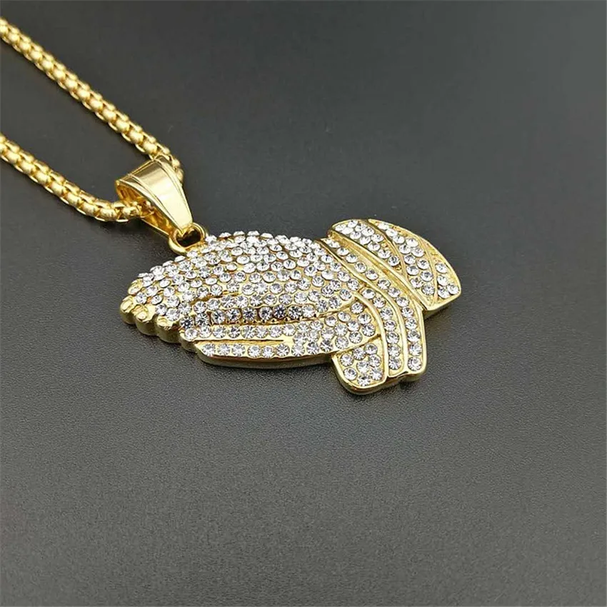 

Hiphop Iced Out Full Rhinestones Praying Hand Necklaces Pendants Male Gold Color Stainless Steel Men Chain Jewelry Birthday Gift