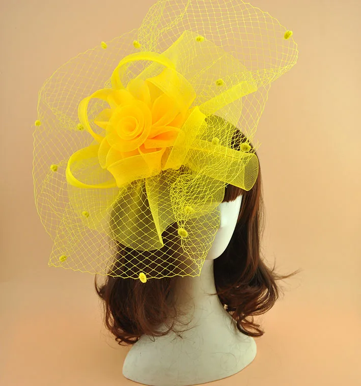 Женская винтажная шляпка с вуалью в горошек Свадебная зеленого желтого