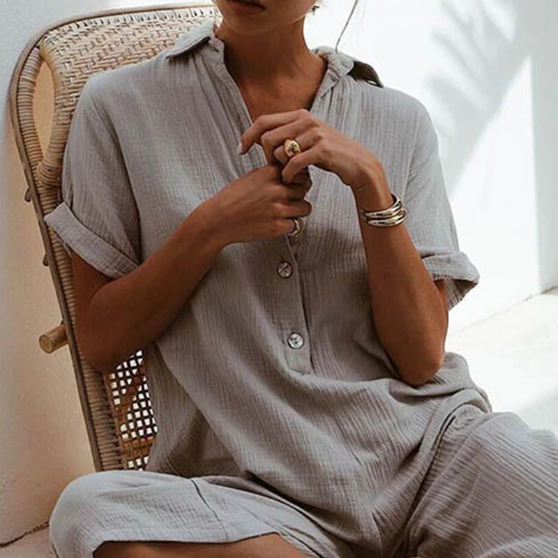 Baggy Jumpsuit Streetwear Clubwear Harem Summer Loose Short Sleeve Casual Buttons Collar Overalls Beach Party Fashion | Женская одежда