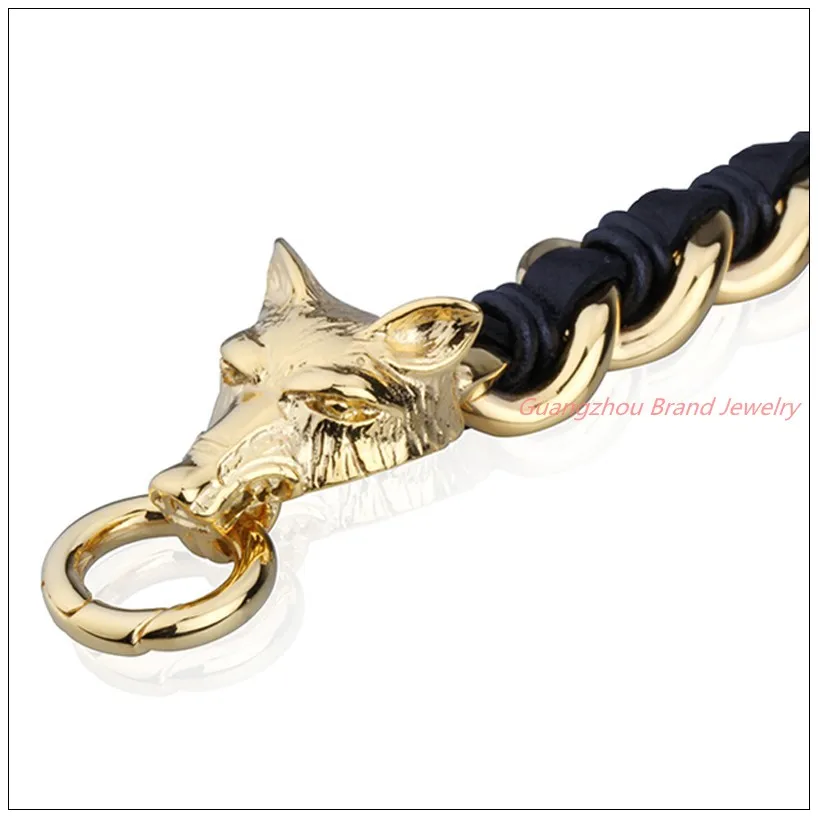 

8.66"*16mm Cool Genuine Black Brown Leather Jewelry Mens Boys Bracelet Bangle 316L Stainless Steel Silver Gold Color Wolf Clasp