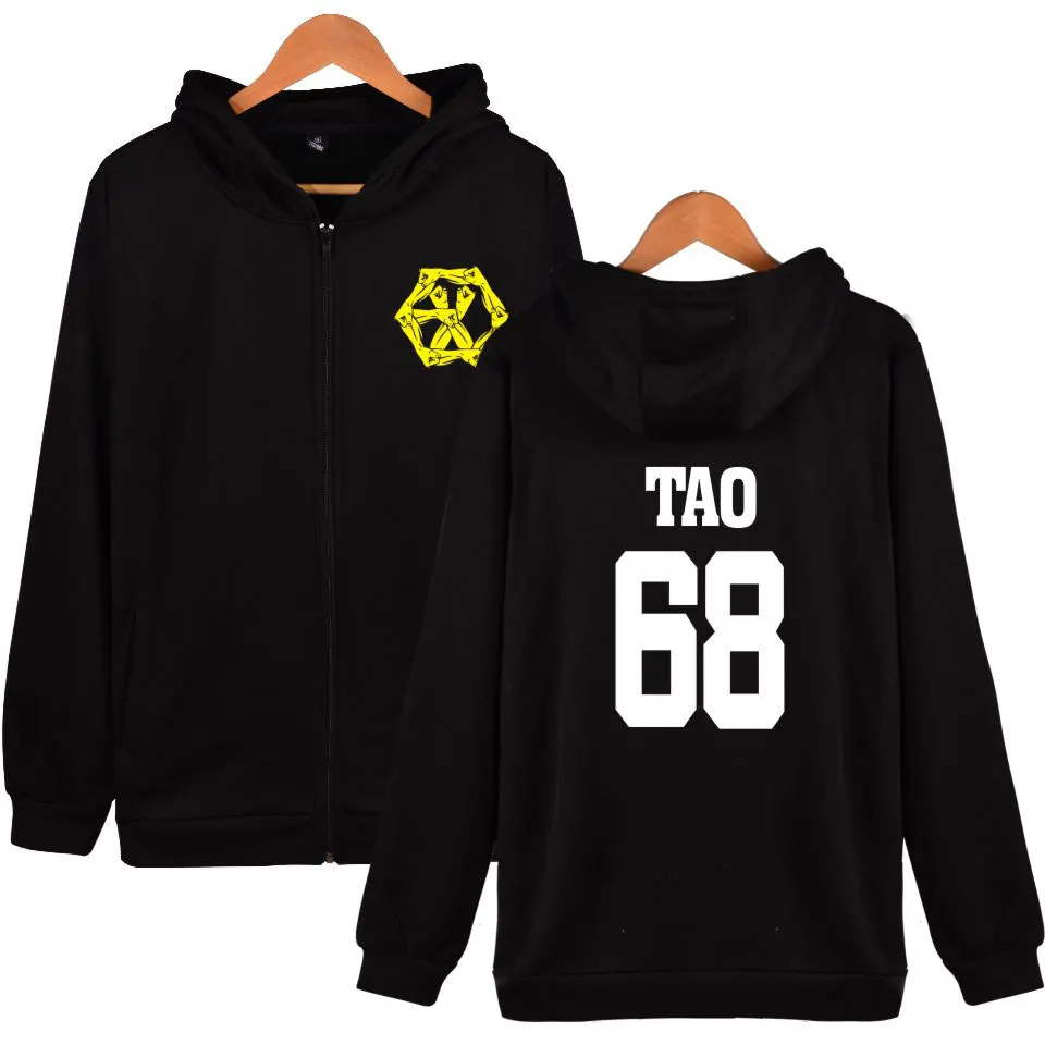 Толстовка с капюшоном EXO черная белая молнией KPOP EXO-M толстовка на молнии большой
