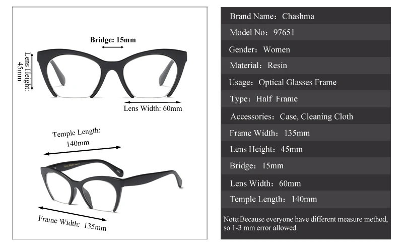 

Chashma Women Prescription Glasses Frame Cat Eye Fashion Trend Students Myopia Glasses Transparent Lenses