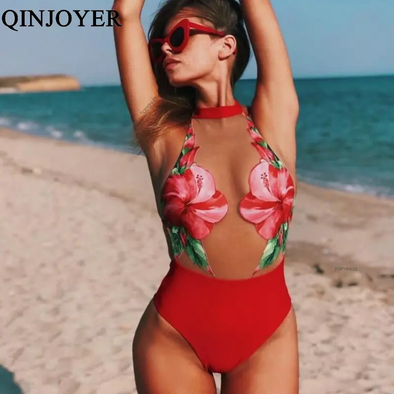Женский слитный купальник QINJOYER монокини с высокой горловиной и цветочным