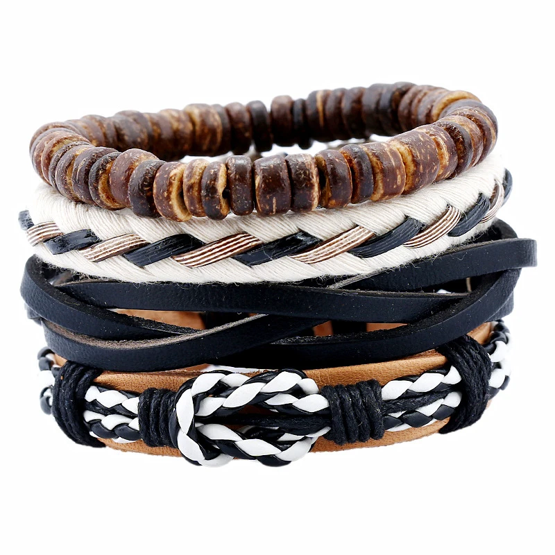 

Casual Handmade Woven Punk Vintage 4 Pcs/set Beads Men Black Leather Bracelets For Women Homme Femme Jewelry Accessories