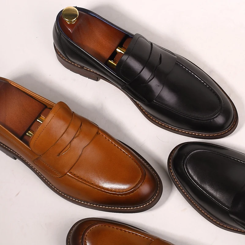 

Slip-On Men's Shoes Pointed Toes Male Mocassin Homme Dress Genuine Leather Vintage Male Oxford Smart Casual Flats Loafers Solid