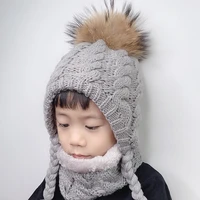 fur pompom beanie kids baby winter hat fleece inside ear protection crochet cap warm knitted hat and scarf set for children