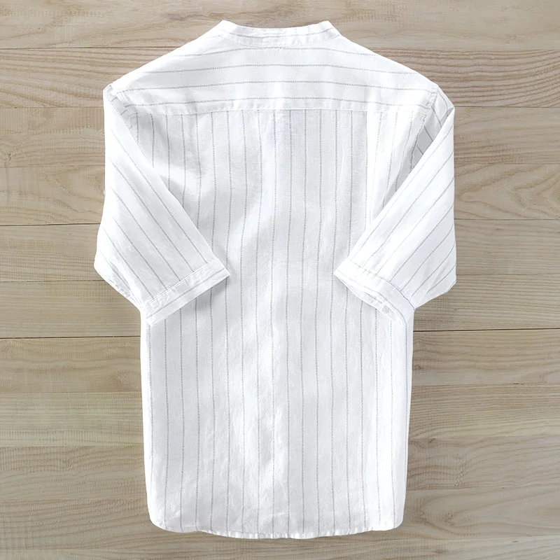 Рубашка Мужская льняная в полоску с рукавом до локтя|camisas para hombre|shirt men stripedlinen shirts |