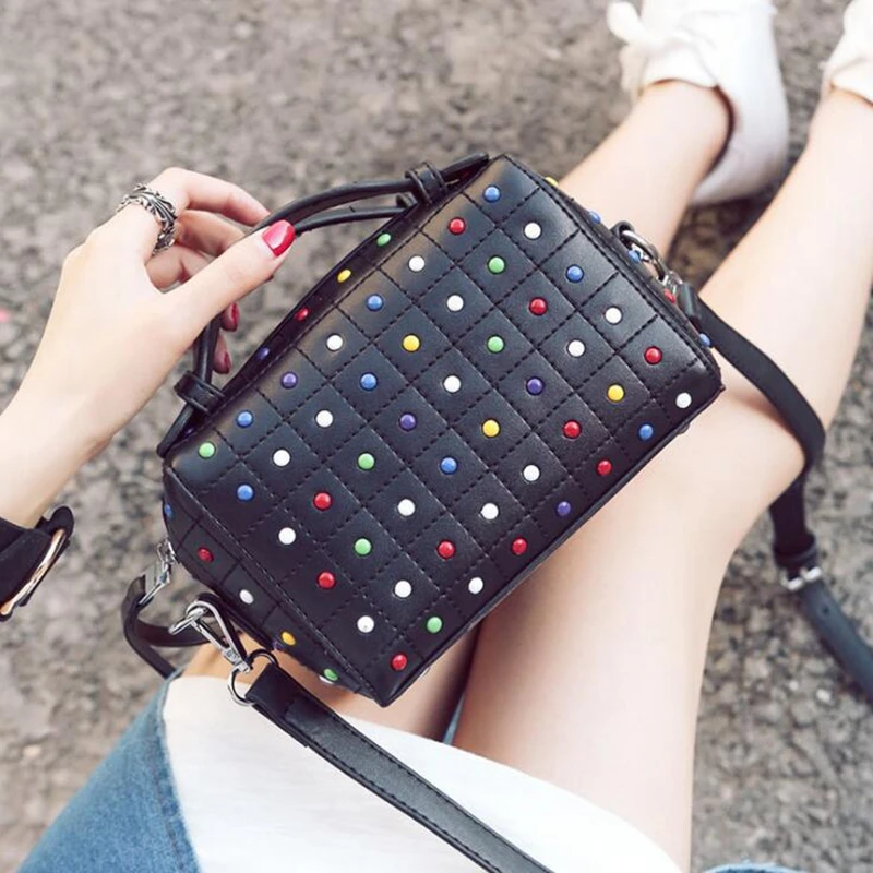 Diamonds Handbags High Quality Small Tote Boston Rivet Bags PU Leather Women Shoulder Bag Top-handle sac a main 2019 New LW-138 | Багаж и