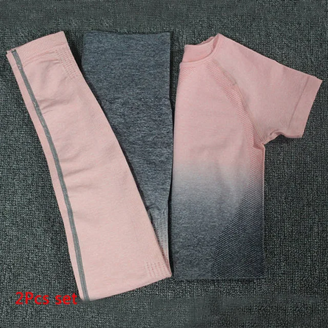 Gark Gray Pink set Женский комплект для йоги, одежда для спортзала, топ с коротким рукавом+ Бесшовные Леггинсы с эффектом омбре, спортивный костюм для тренировок, спортивная одежда для фитнеса, одежда для активного отдыха - Цвет: Gark Gray Pink set
