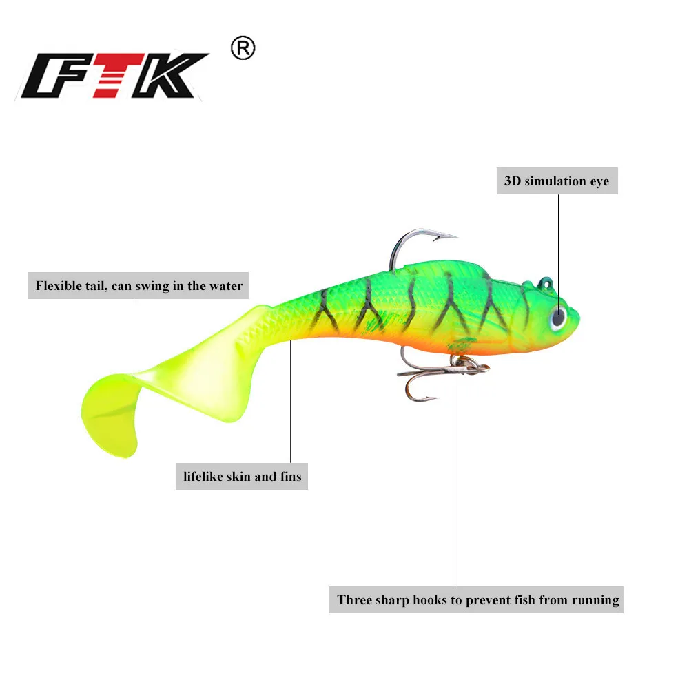 FTK приманка Мягкая с тройными крючками 3D глаза 1 шт. 80/100 мм для окуня тройные