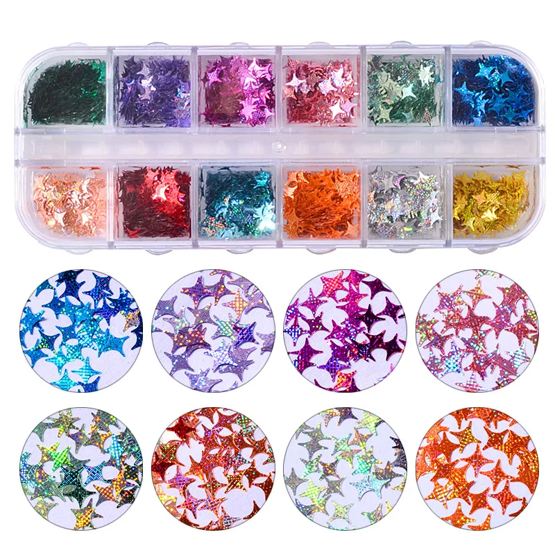 Mtssii 12 Colors/Set Four Angle Stars Shape Holographic Laser Nail Glitter Paillette Sequins 3d Manicure Decal Decorations | Красота и