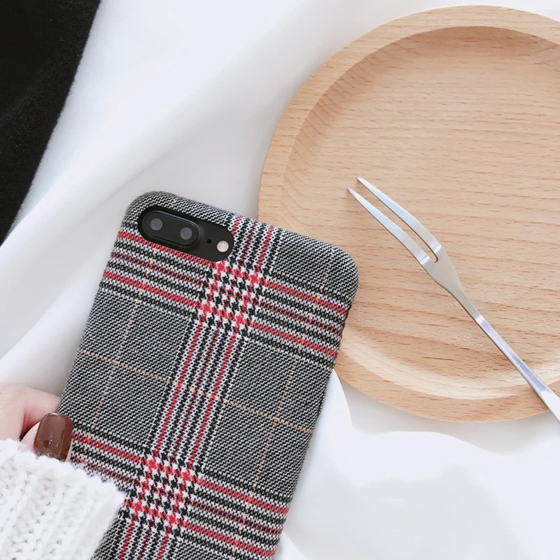 New Arrivals Lattice Pattern Retro Phone Case for iphone 6 6s 7 8 plus X Soft Fabric Checks Striped Couples Style C |