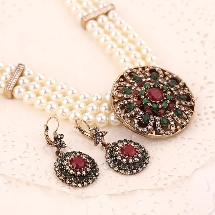 Vintage Round Big Nigeria Necklaces Female Bib Jewellery Sets for Women Wedding Pearl Necklace And Earring Set Parure Jewelry | Украшения и