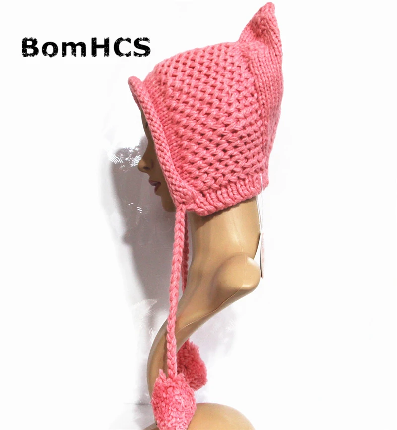Вязаная плетеная шапочка с кошачьими ушками BomHCS женская вязаная крючком теплая