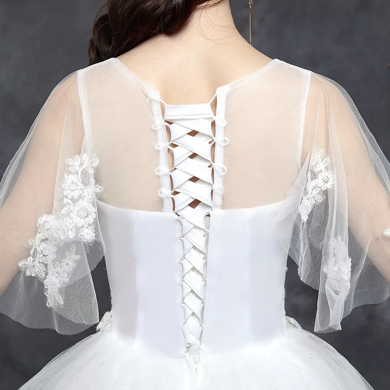 

Romantic Bridal Gown 2019 Wedding Dress Ball Gown Simple Illusion Lace Tulle O-Neck Short Sleeve Floor Length White Plus Size