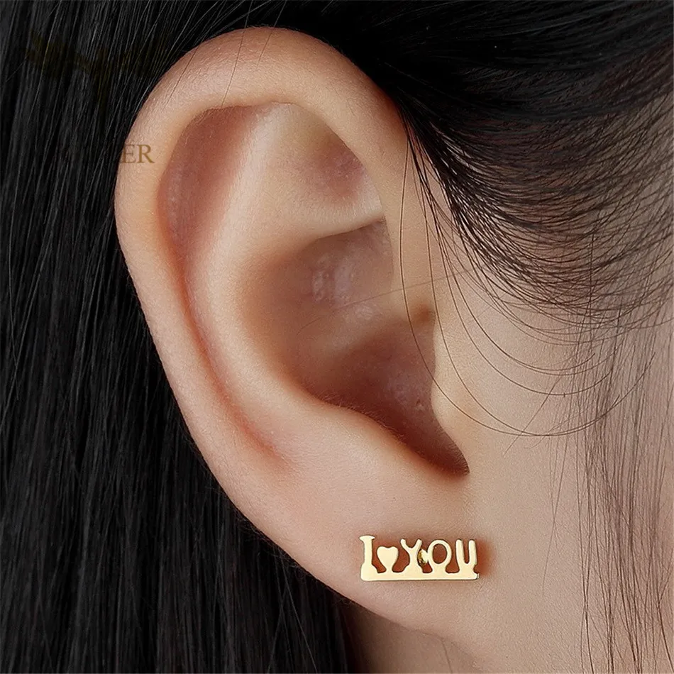 FGifter Romantic Love Word Earrings for Lovers Gold Color Steel Stud Earring Cute Small Studs Lover's Gifts Jewelry | Украшения и