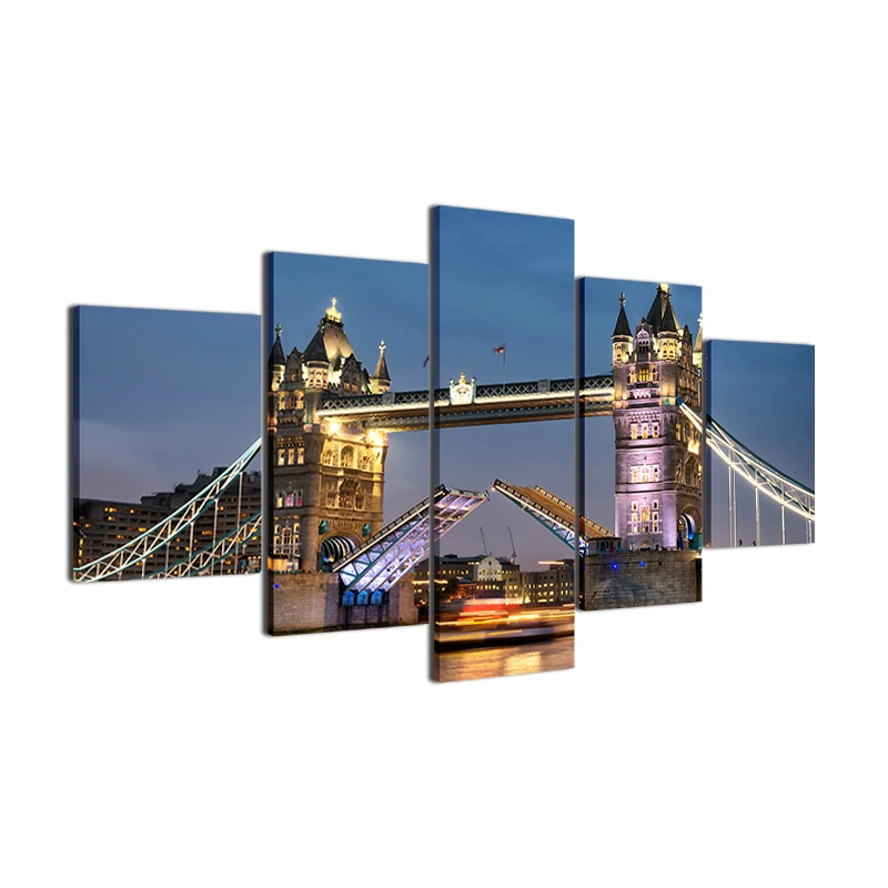Painting Modern Room Decor Pictures Wall Art Canvas Oil 5 Panel London Tower Bridge Night Landscape Home | Дом и сад