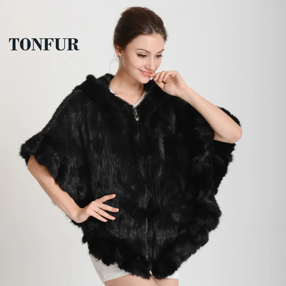 Из натуральной норки Мех шаль пончо с капюшоном Для женщин вязаной пальто мехом