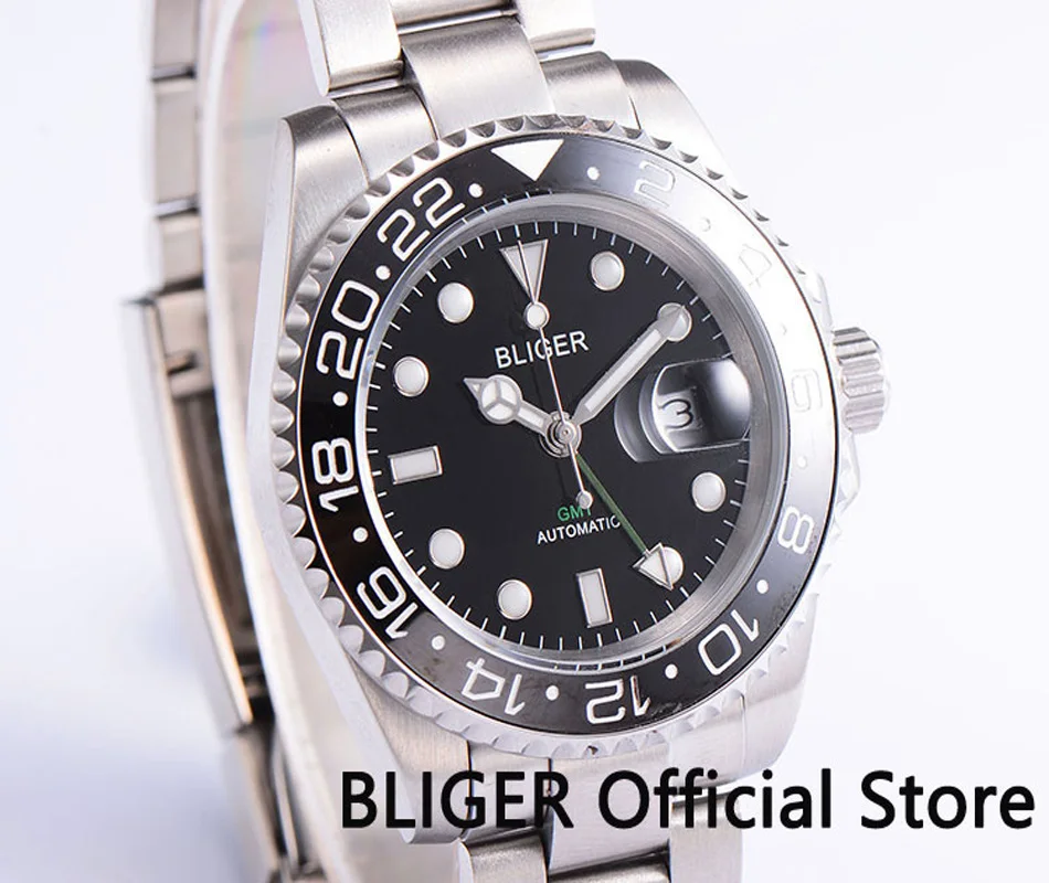 BLIGER 40 мм GMT Функция сапфир Стекло Для мужчин часы черный циферблат Керамика