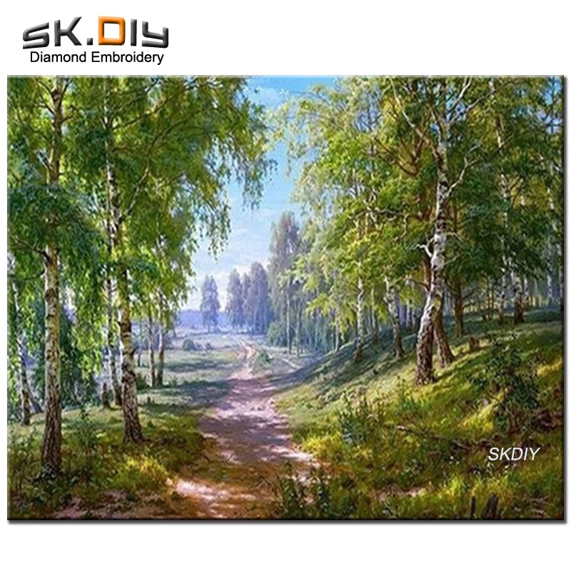 SK DIY Дерево лесной дороге Природа фотографии со стразами Вышивка Алмаз Живопись