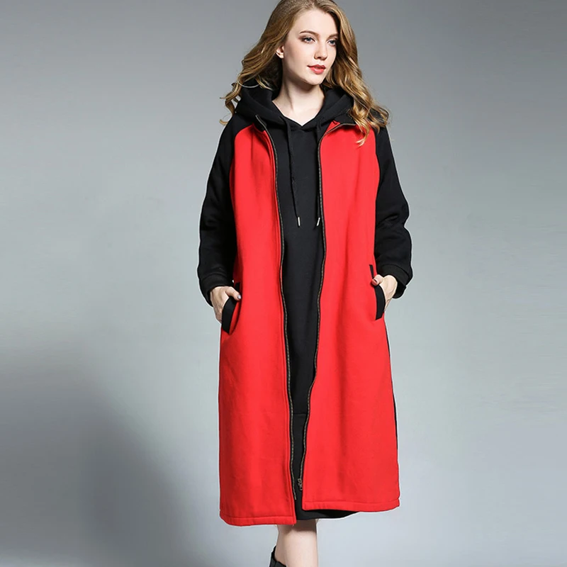 2017 winter new loose Large size ladies' Add velvet thickened hoodie Impact color Warm coat zipper | Женская одежда