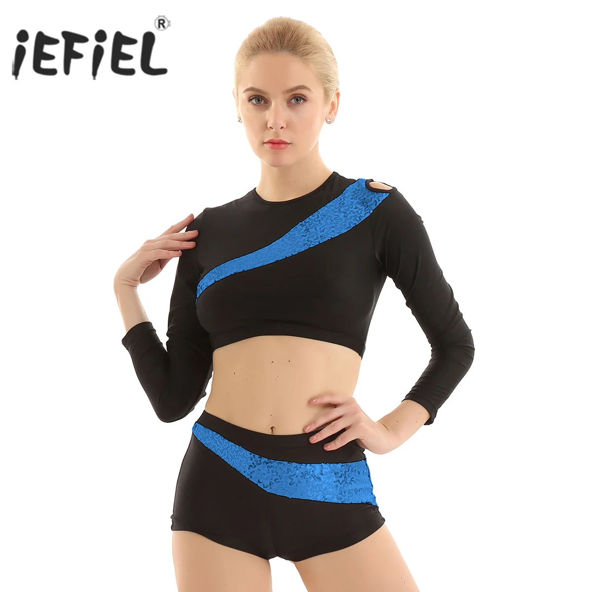 

iEFiEL Womens Adult Sequins Squad Dance Team Lyrical Dance Costumes Dancewear Ballerina Gymnastics Top with Tight Leotard Shorts